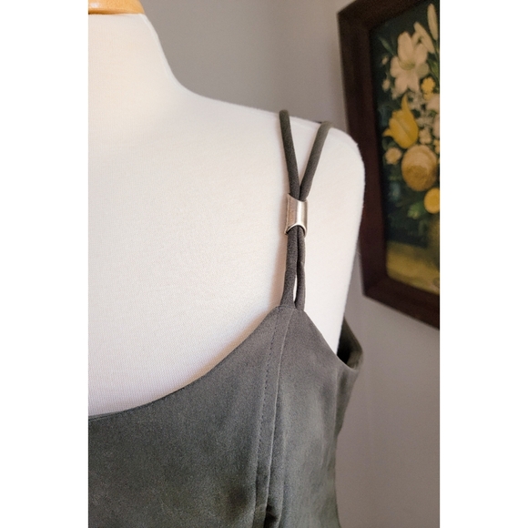 90s Green Faux Suede 1990s Vintage Split Strap Scoop Neck VTG Slip Dress - Picture 5 of 12